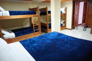 阿劳西Community Hostel Alausi的客房配有双层床和蓝色地毯。