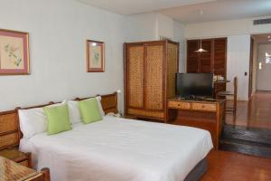 布宜诺斯艾利斯1856年科连特斯酒店的一间卧室配有一张带绿色枕头的床和电视。