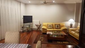 巴利亚多利德La Casa del Val的客厅设有黄色沙发和电视