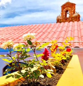 波托西圣特雷酒店的一座建筑,前面有粉红色的屋顶,上面有鲜花