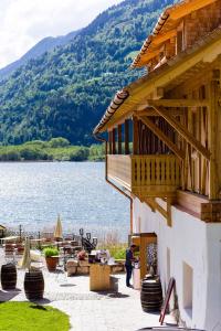 奥西阿赫斯蒂夫切梅德奥西阿赫酒店的享有湖泊和山脉景色的建筑