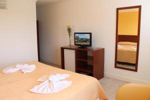 费德拉西翁萨斯拉戈Y公寓酒店的客房设有两张床、一台电视和镜子