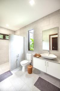 巴东马士力Ranis Lodge的一间带卫生间、水槽和镜子的浴室