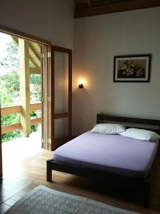 加罗帕巴Casa de Lenir的一间卧室设有一张床和一个滑动玻璃门