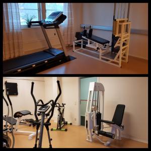 哈格福什Hotell Monica的两张带跑步机和健身自行车的健身房的照片