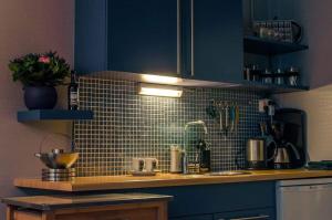 吕伐登B&B de Ferver的厨房配有蓝色橱柜和台面