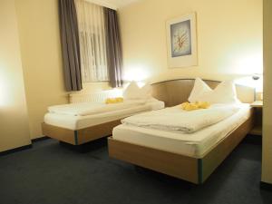 奥滕多夫-欧克里拉Pension Ottendorf-Okrilla的酒店客房设有两张床和窗户。