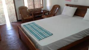 亭可马里Sai Seashell Rest Inn Nilaveli的一间卧室配有一张大床和两把椅子