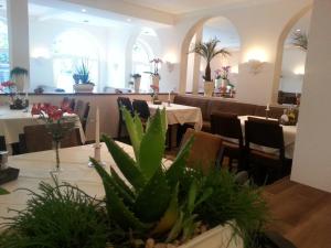 新武尔姆斯托夫海伦娜酒店的用餐室配有桌椅和植物