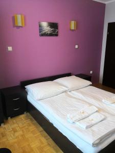 拉伊恰Leniwy Motyl的一间卧室设有两张床和紫色墙壁