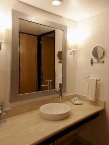 墨西哥城PF套房酒店的一间带水槽和大镜子的浴室