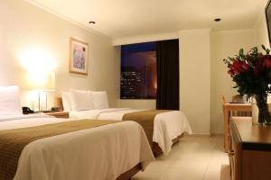 墨西哥城PF酒店的酒店客房设有两张床和窗户。