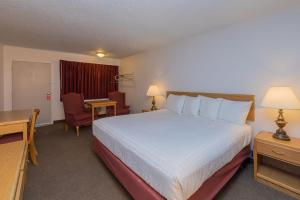 罗克斯普林罗克斯普林斯8号汽车旅馆的酒店客房设有一张大床和一张书桌。