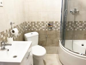 拉伊恰Apartamenty Centrum Rajcza的浴室配有卫生间、盥洗盆和淋浴。