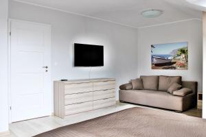斯维诺乌伊希切Apartbaltic - Zdrojowa 63 Luxury的客厅配有沙发和墙上的电视