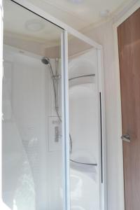 拉隆德莱丝莫里斯Camping Parcvalrose Mobile Home No 79的带淋浴的浴室,带玻璃门