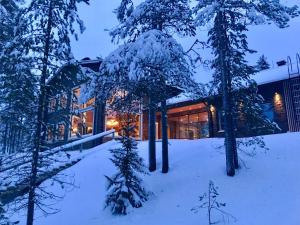 鲁卡The Little Elk的雪中的房子,前面有树木