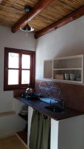 蒂尔卡拉La Cabañita de Tilcara的带水槽的厨房台面和窗户