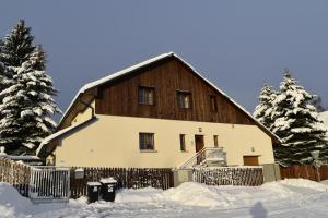 哲汀泊德勒瓦Haus Tolštejn的雪中的大型木屋