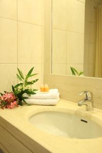 阿凯松扎坎塔海滩酒店的浴室的柜台设有水槽和镜子