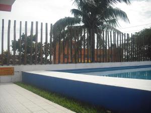 查察拉卡斯Hotel Villas del Rey的棕榈树围栏旁边的游泳池