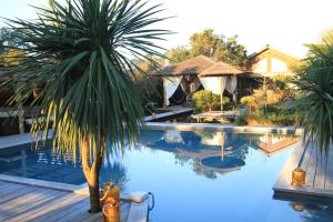 拉卡诺la Varangue的一座房子旁的棕榈树游泳池