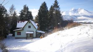 斯塔拉·里斯拉Chata Eliška的雪中的小房子,后面是群山