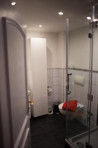 奥伯斯特多夫Almsternchen 2 - Almsternchen 3的浴室在卫生间里配有红色枕头