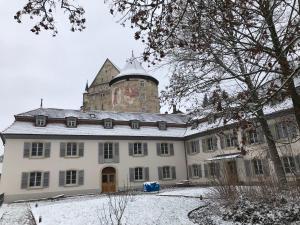 波朗特吕Manoir de la Côte-Dieu的一座在雪上盖着塔的建筑