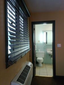 Mercer默瑟-格罗夫市科洛尼酒店的一间带卫生间、窗户和水槽的浴室