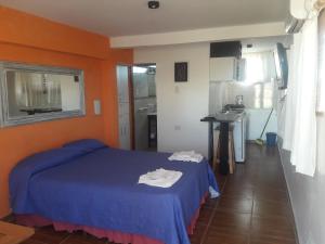圣拉斐尔Cabañas Villa Lounge的一间带蓝色床的卧室和一间厨房