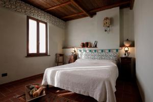 乌尔巴尼亚Agriturismo Valpietro的一间卧室配有一张带蓝色和白色床单的床。