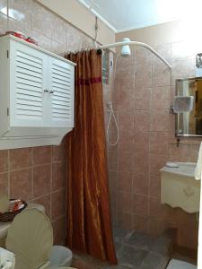 罗索纳拉吉尔旅馆的带淋浴、卫生间和盥洗盆的浴室