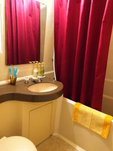 北谷町飞鹰旅馆的浴室设有水槽和红色的淋浴帘