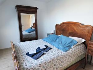 La BohalleGite l'Etoile du Berger的一间卧室配有一张带蓝色枕头和镜子的床