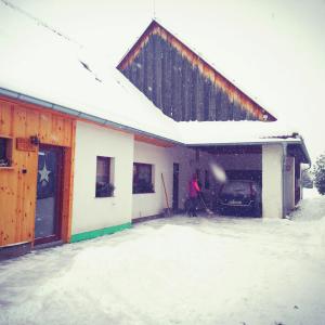 帕维西纳勒霍塔Vidiecky apartmán Kubo的站在房子外的雪中的人