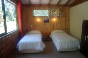普孔Ecoreserva Quelhue Lodge y Cabañas的带2扇窗户的小客房内的2张床