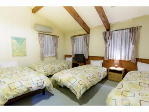 妙高姆明帕帕小屋的一间设有三张床和一台电视的房间