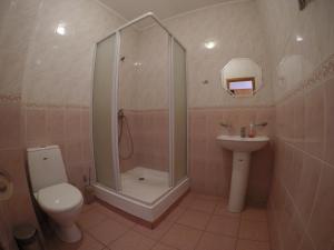 基辅Inn on Zhytomyrska的带淋浴、卫生间和盥洗盆的浴室