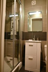 MontgeronF1 entier Cosy style CHALET Montgeron, Proche Paris的带淋浴、盥洗盆和镜子的浴室