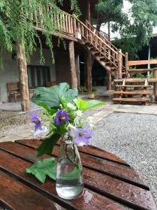 彭世洛Petit Paramata的木桌上装满紫色花的花瓶