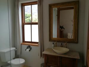 开普敦Bakovenbay Luxury Suites的一间带水槽、卫生间和镜子的浴室