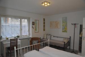 巴塞尔奇奇住宿加早餐旅馆的一间卧室设有两张床、一张桌子和一个窗口。