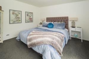 阿什伯顿Thistle Cottage的一间卧室配有一张带蓝色枕头的大床