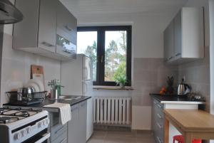 弗罗茨瓦夫Pokoje nad Starą Odrą - Zacisze的厨房配有白色橱柜和炉灶烤箱。