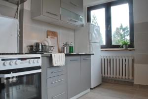 弗罗茨瓦夫Pokoje nad Starą Odrą - Zacisze的厨房配有白色家电和窗户