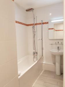 里尔拿破仑酒店的带淋浴和盥洗盆的白色浴室