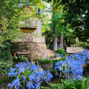 Aldgate阿尔德盖特溪住宿加早餐木屋的一座花园,在房子前面种着蓝色的花朵