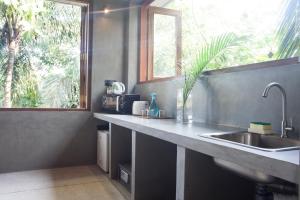 平谷Serene Villa的带水槽的厨房台面和窗户