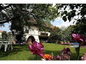 巴特克罗青根孟旅馆的院子里有椅子和鲜花的房子